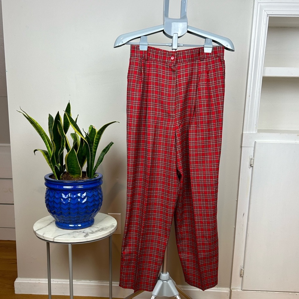 Vintage Red Plaid High Waist Pleated Trousers Straight Leg Mom Pants Bottoms